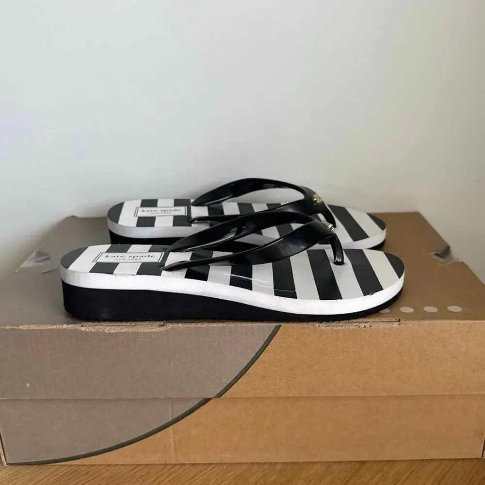 Kate Spade Black/White Striped Women Wedge Sandals - SZ 5